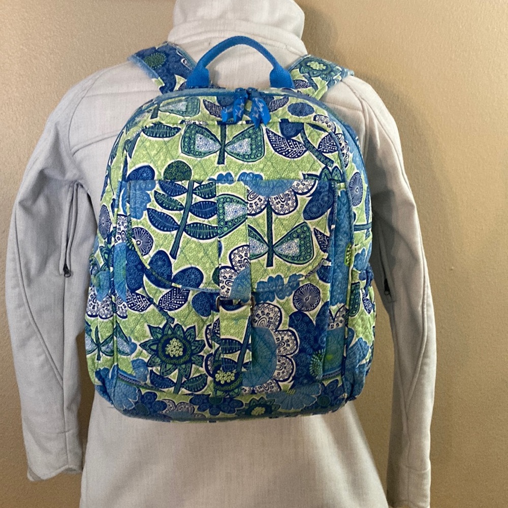 VERA BRADLEY Backpack QUILTED Blue Green FLORAL daypack SACK Purse BAG